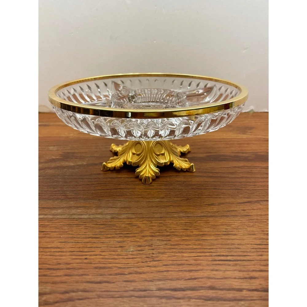 Vintage Cut Glass‎ 3 Section Candy Dish Gold Rim Ornate Footed Pedestal Base