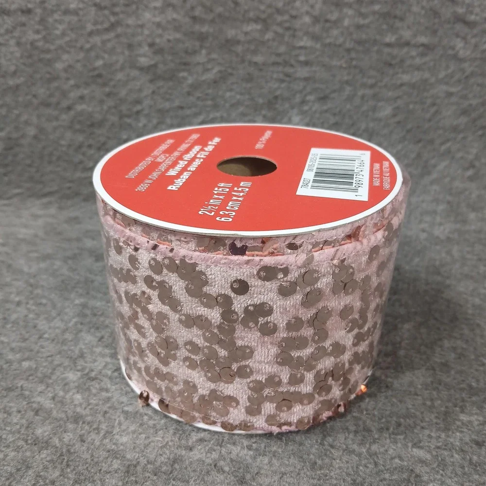MSPCI Wired Ribbon Unisex 2.5in x 15ft Pink Sequin Velvet Decorative‎ Trim