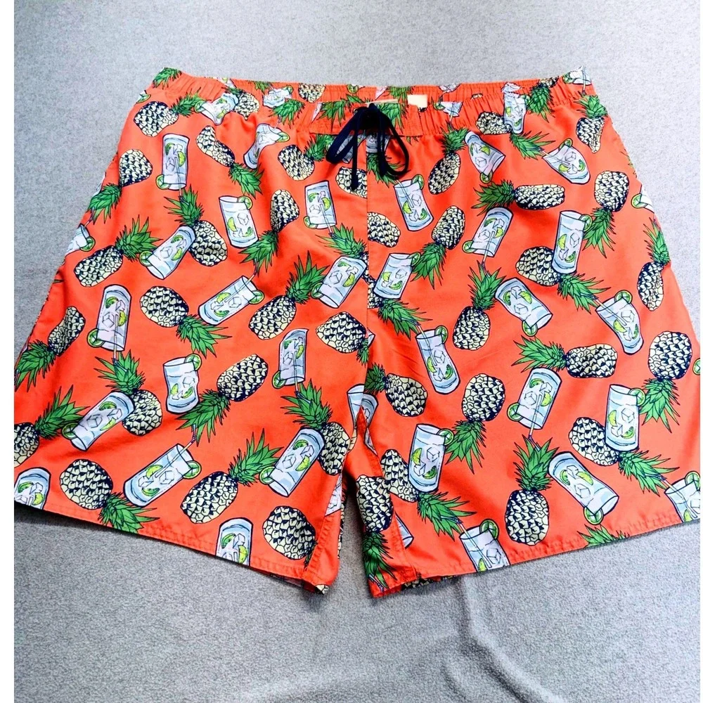 Island Passport 3XL Mens Swim Trunks Pineapple Cocktail Print Mesh Lined Orange