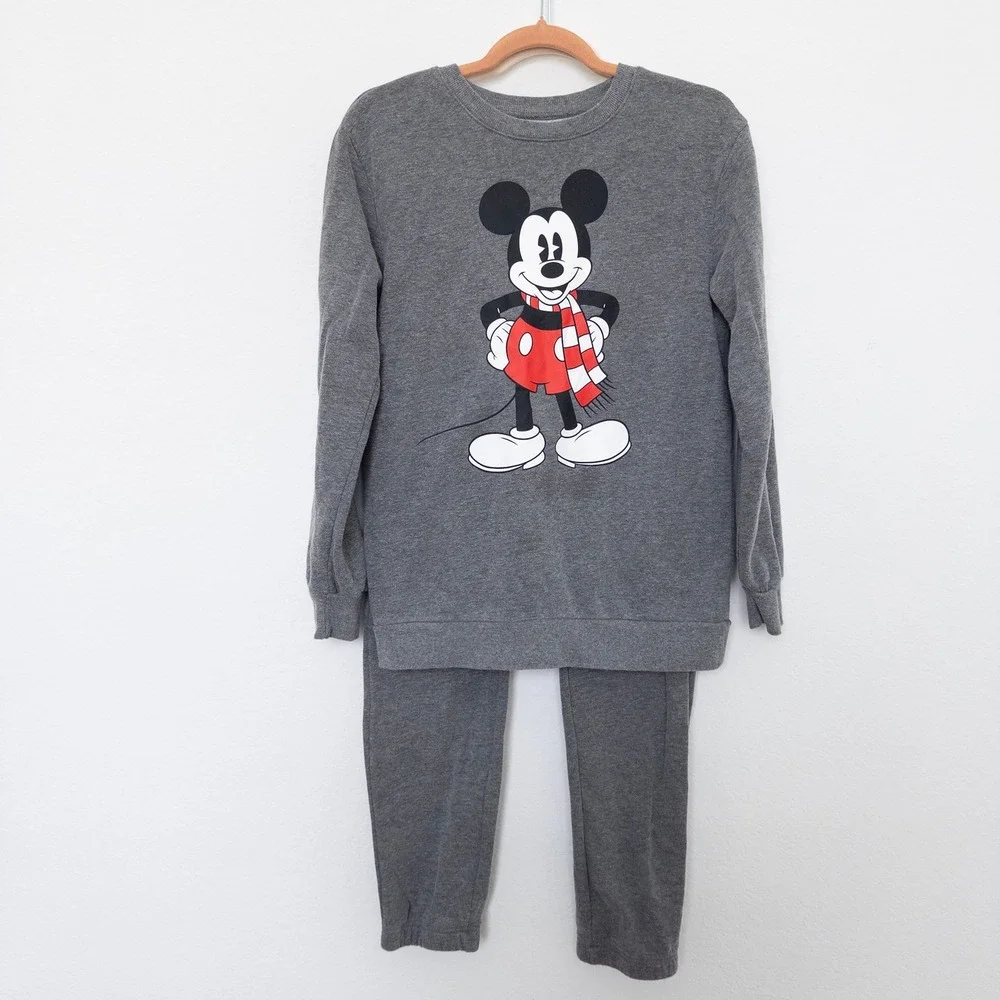 Disney Girls Sweatshirt Sweatpants‎ Set Size XL Gray Mickey Mouse Lounge Outfit