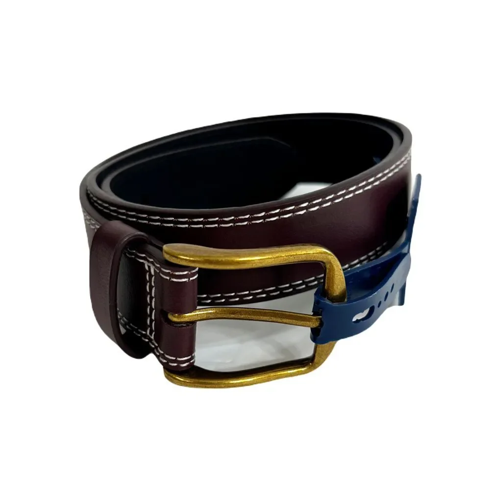 Club Room Double-Stitch Belt Mens Small 30-32 Burgundy‎ Leather Gold Buckle