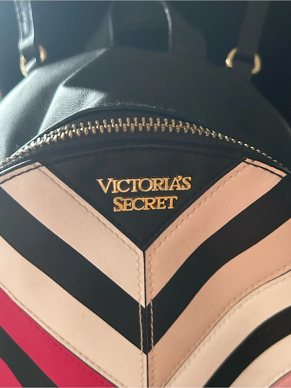 Victoria's Secret Black Mini Backpack with Pink and Cream Chevron Stripes