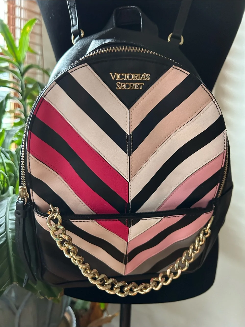 Victoria's Secret Black Mini Backpack with Pink and Cream Chevron Stripes