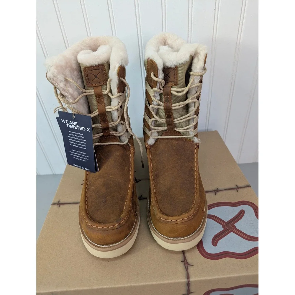 Twisted Oiled Saddle Tan Wedge Sole Boots Sheepskin Lined Size 7M Brown‎ WCA0055