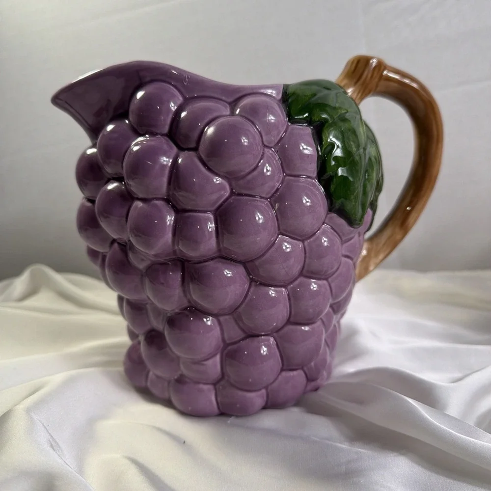 Purple‎ Grape Ceramic Pitcher Vintage Style Kitchen Decor Beverage Server
