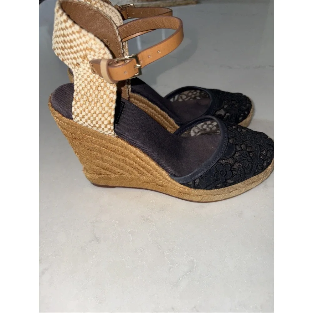 Tory Burch Lucia Espadrilles Sandals Platform Navy floral lace Jute Leather 6.5