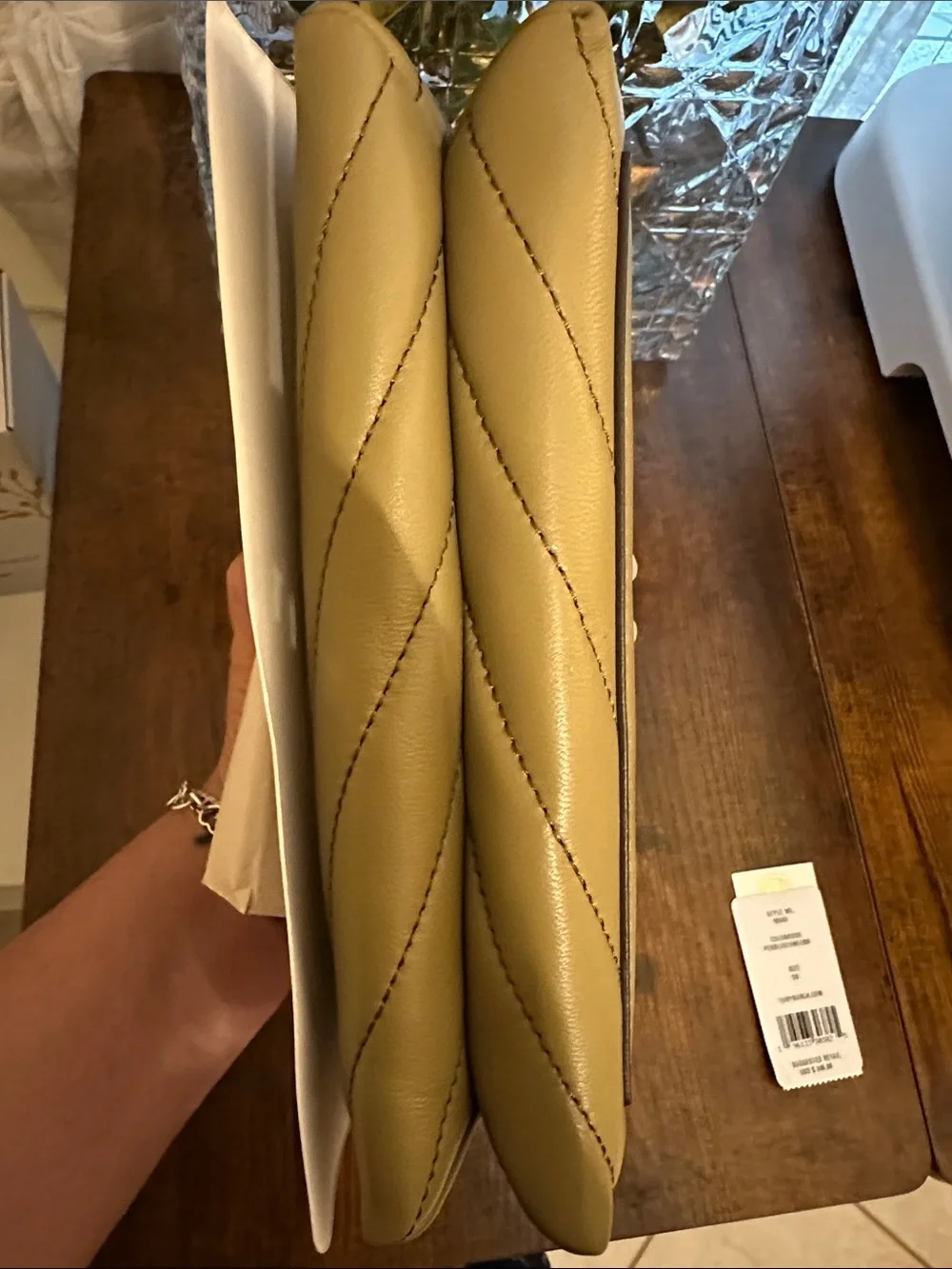 Tory Burch Quilted Chevron Leather Clutch in Pebblestone with Gold Logo