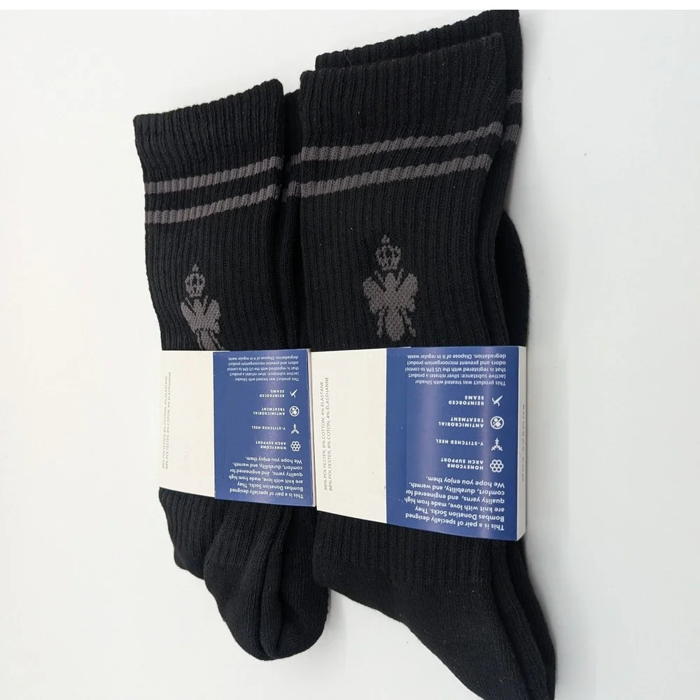 Bombas 2 Pack‎ Black Crew Socks Large Striped Honeycomb Arch Support NEW
