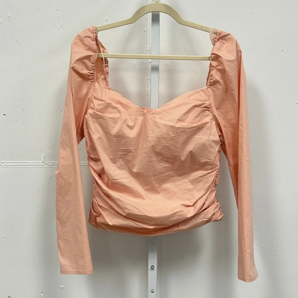 ASTR the Label Blush Sweetheart Ruched Puff Long Sleeve Blouse Size XL Pink‎
