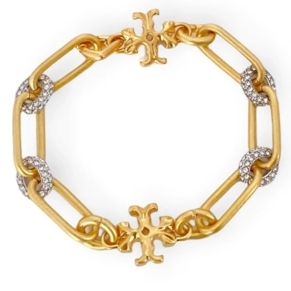 NWOT Auth. Tory Burch Roxanne Pave Bracelet in rolled Tory Antique Gold