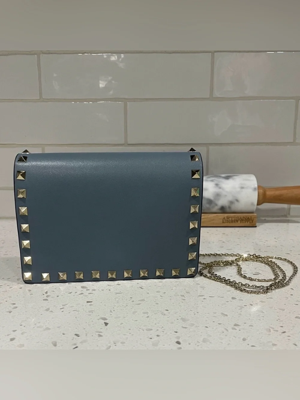 Valentino Garavani authentic Slate Blue Rockstud Crossbody with Gold Chain