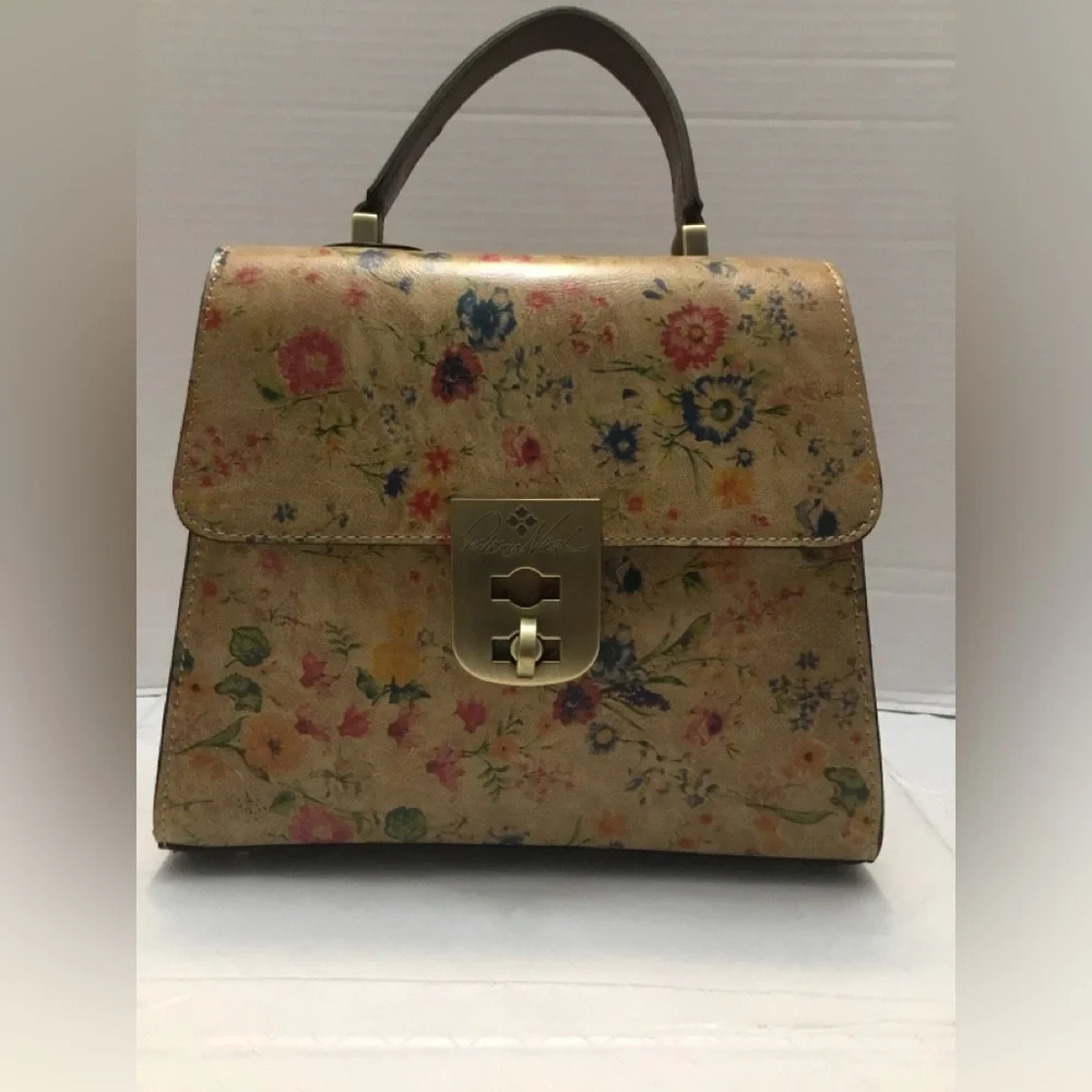 Floral Print Top-Handle Bag in Beige with Gold Hardware