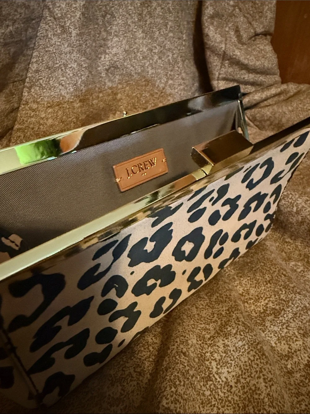 J. Crew Leopard Print Clutch in Tan and Black with Gold Trim