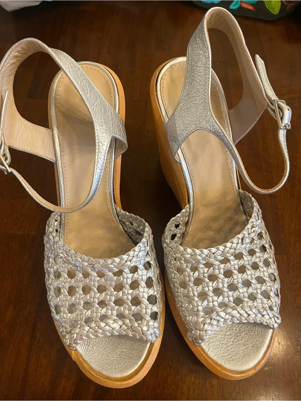 Theory NWOB Silver Braided Slingback Wedge Sandals