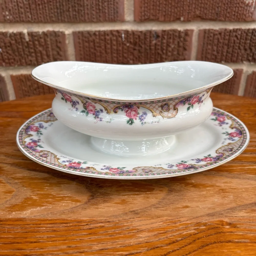 Vintage Victoria Czecho-slovakia Gravy boat  Pattern Pink Roses and gold basket