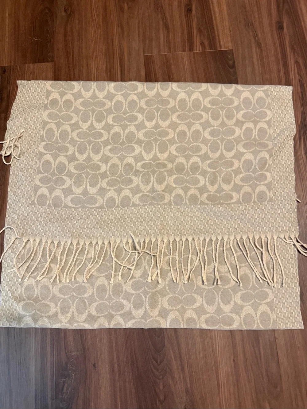 Coach Neutral Cream Patterned Fringe Scarf