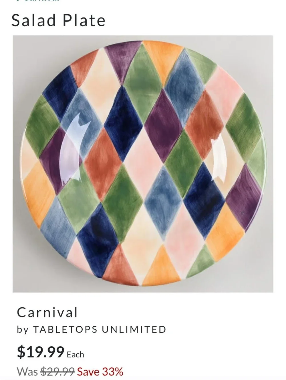 4 Carnival Multicolor Harlequin Handpainted Salad Plate by TableTops Unlimited