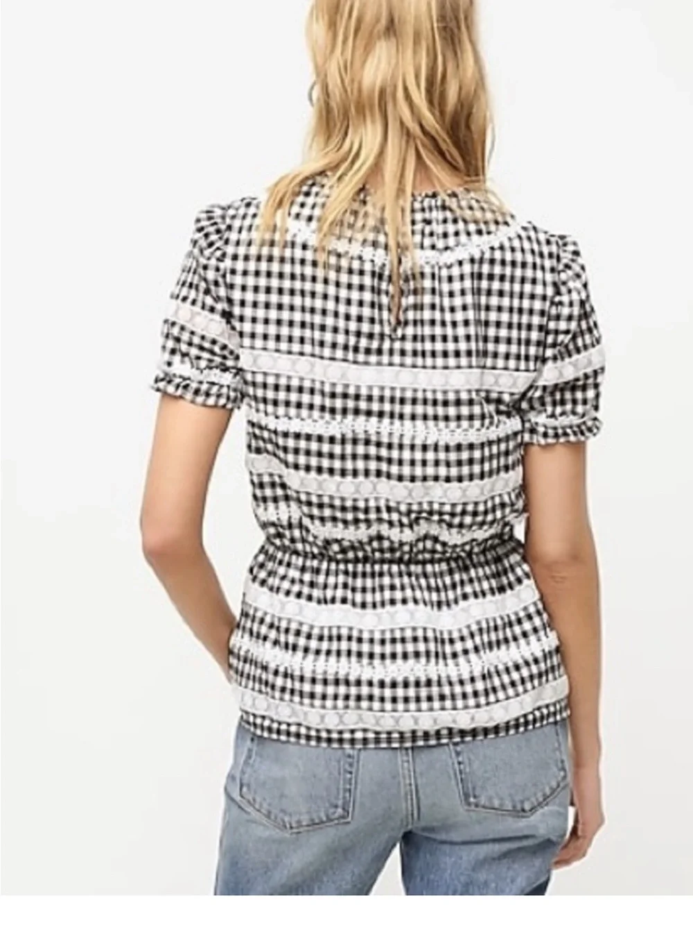 J. Crew Daisy Chain Black & White Gingham Smocked Waist Short Sleeve XS Top