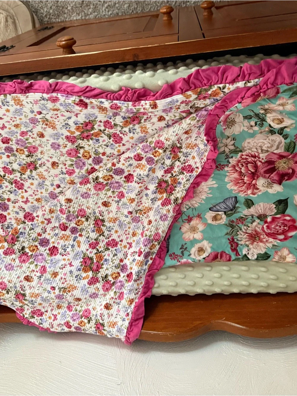 Posh Peanut Floral Reversible Luxette Patoo with Pink Ruffle Trim