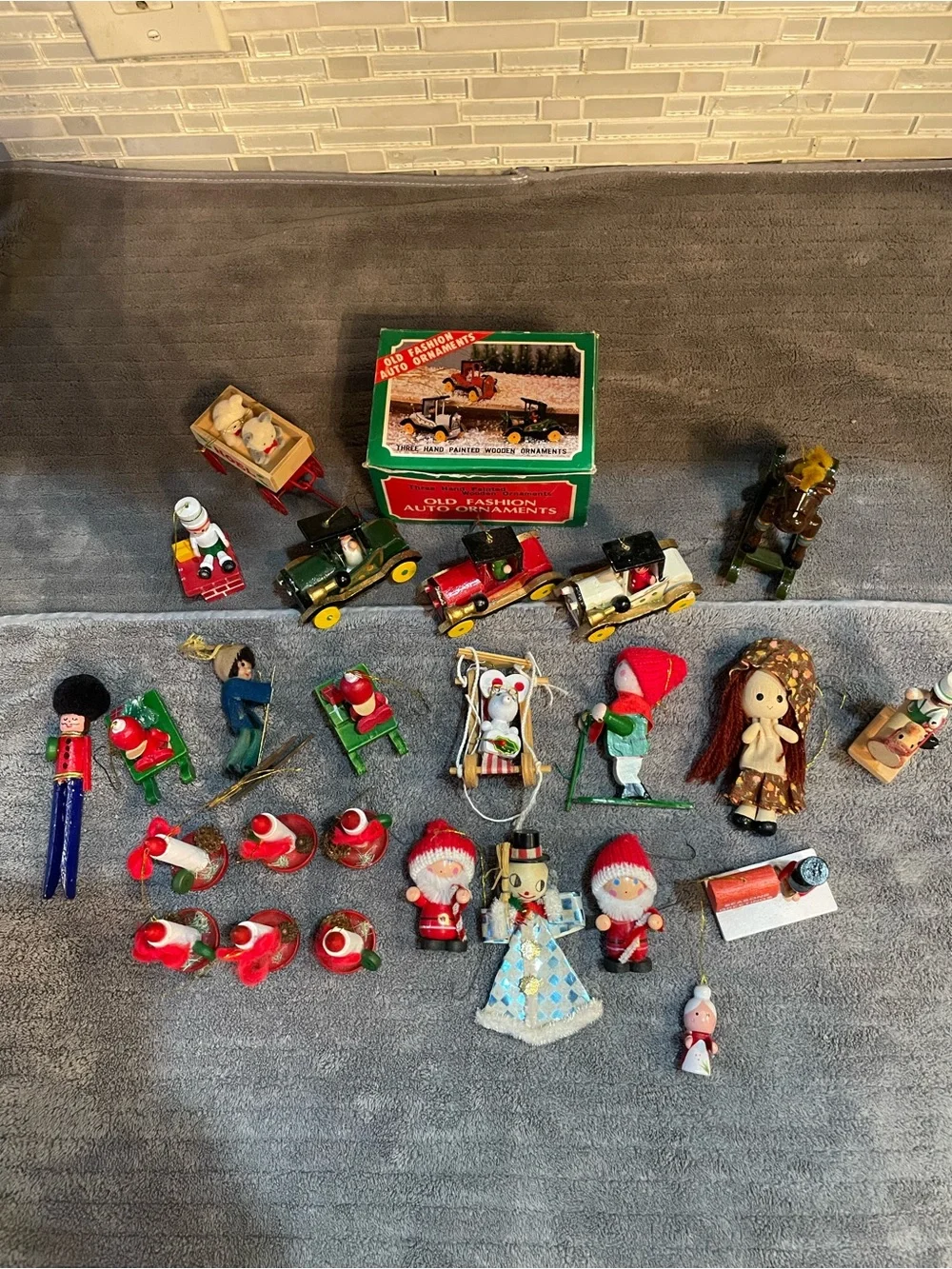 Vintage Christmas Ornaments Wood Cars Candles Lot