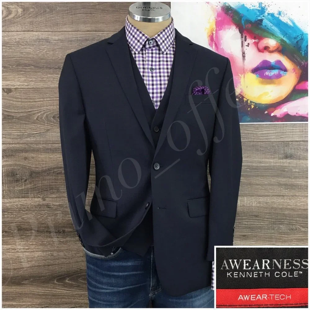 Kenneth Cole Mens Suit Jacket Vest Blazer Sport Coat Two Button‎ Wool 40R Slim