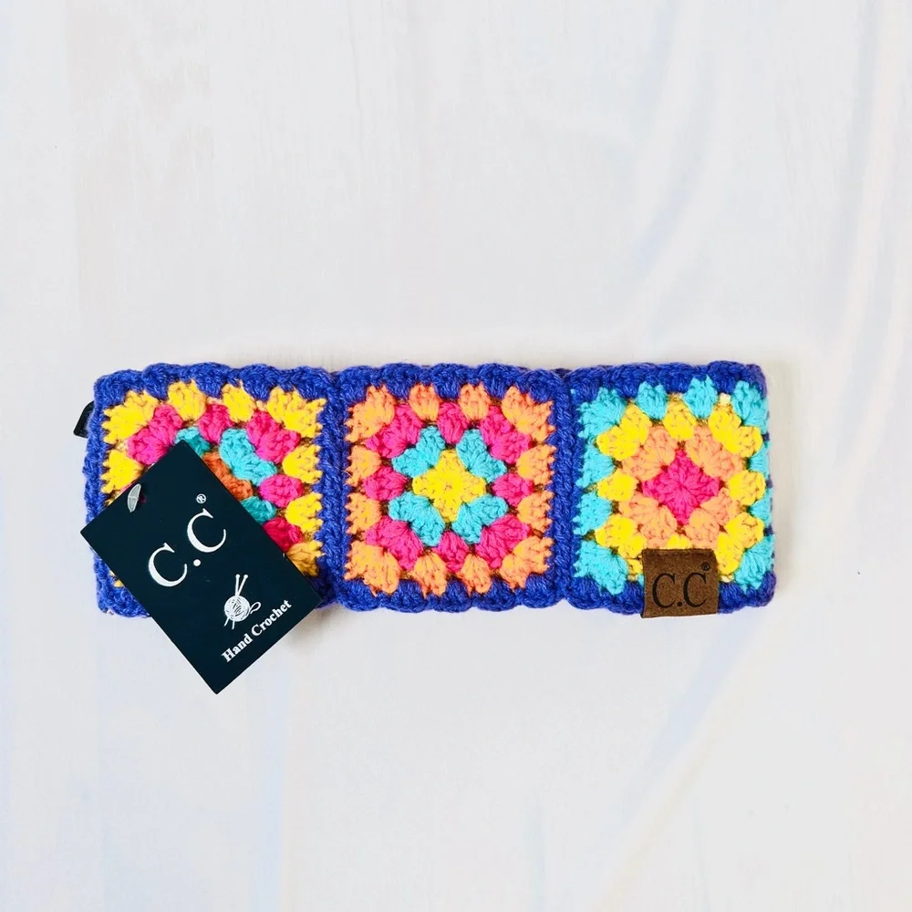 C.C. Hand Crochet Headwrap purple Pink yellow fuzzy Lined Multi Color New