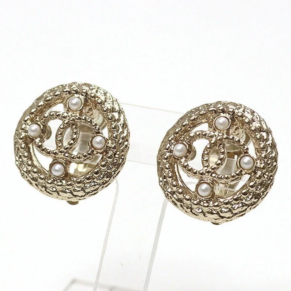 CHANEL Gold Pearl Logo Earrings