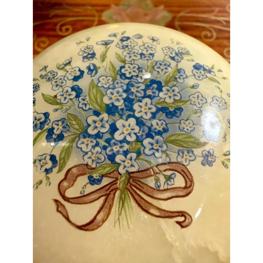 Vintage Alabaster Trinket Box • Forget-Me-Not Floral Stone Jewelry Box