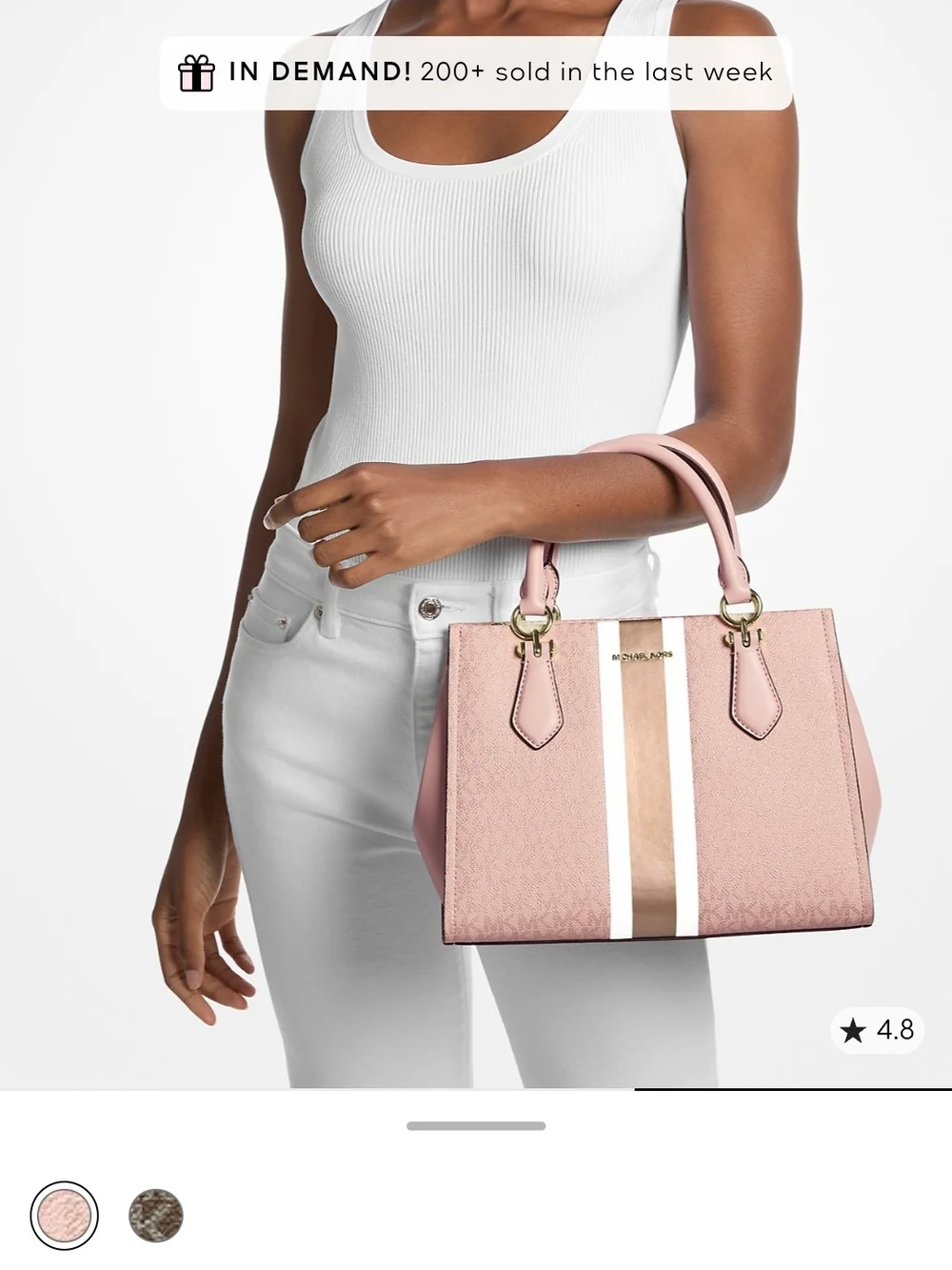 Michael Kors Blush Pink Satchel with White and Rose-Gold Stripe