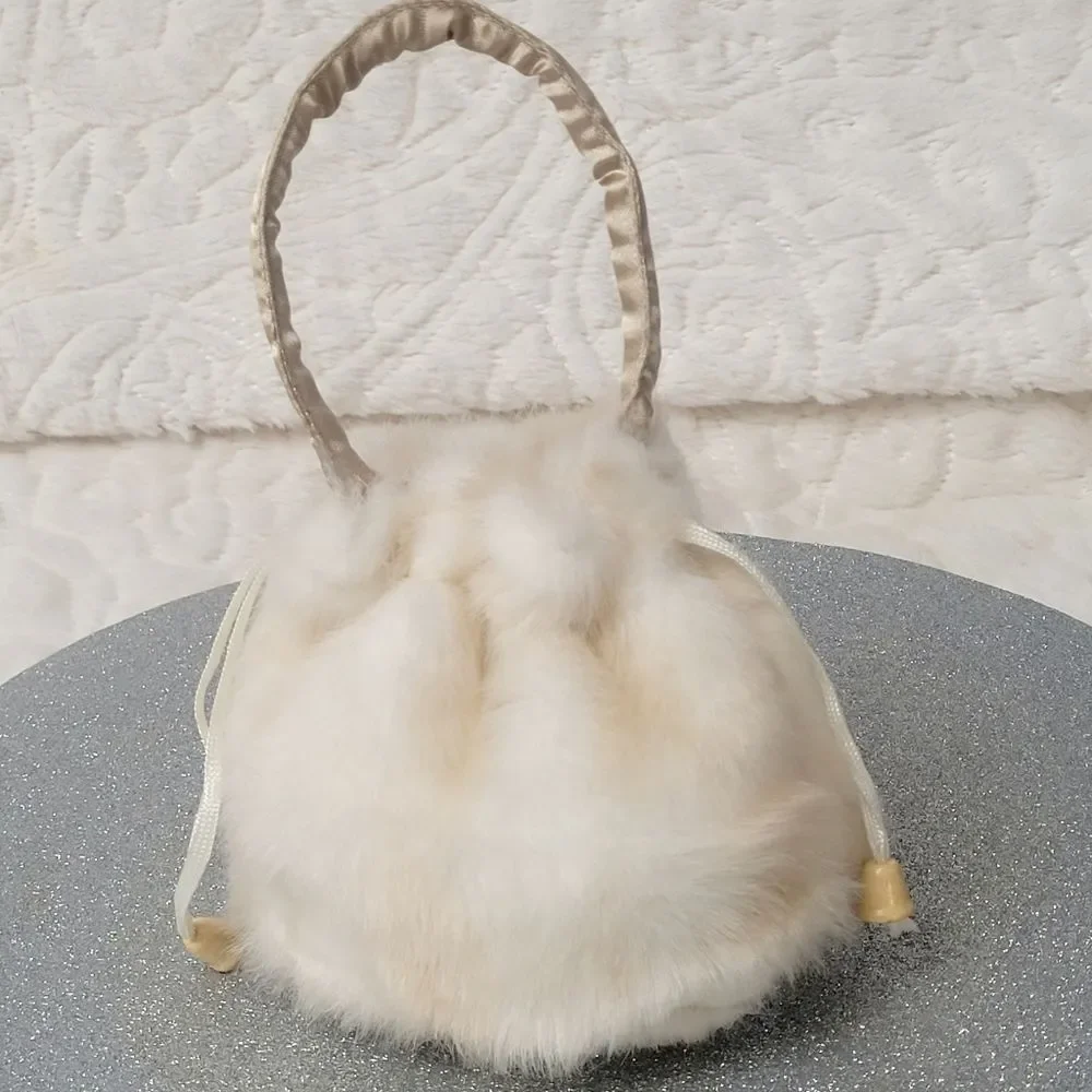 White Faux Fur Purse Drawstring Top Small Bag Satin Lined Rigid Handle Holiday