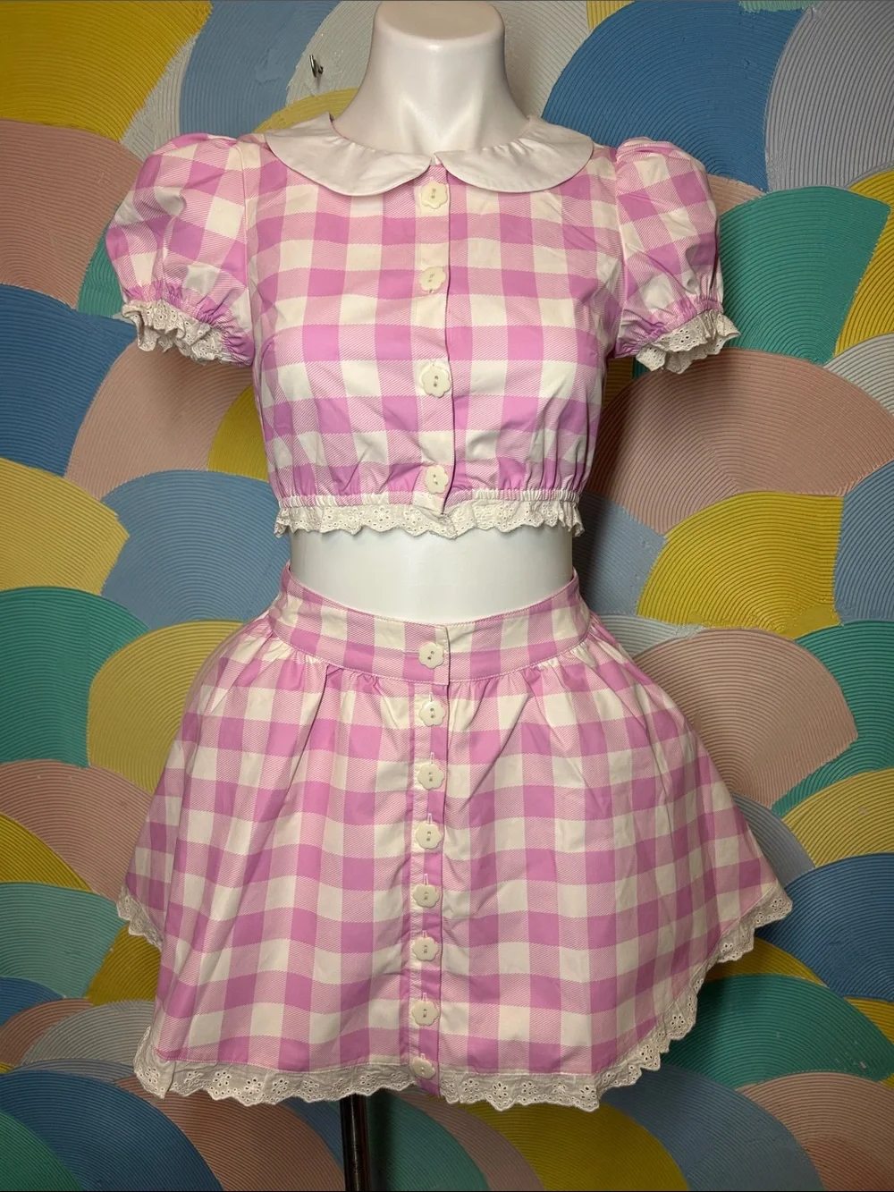 Sugar Thrillz Pink and White Gingham Crop Top & Skirt Set Sz S