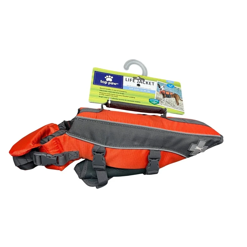 Top Paw Orange Neoprene Dog Life Jacket Small 15-30 lbs Water Safety Vest Handle