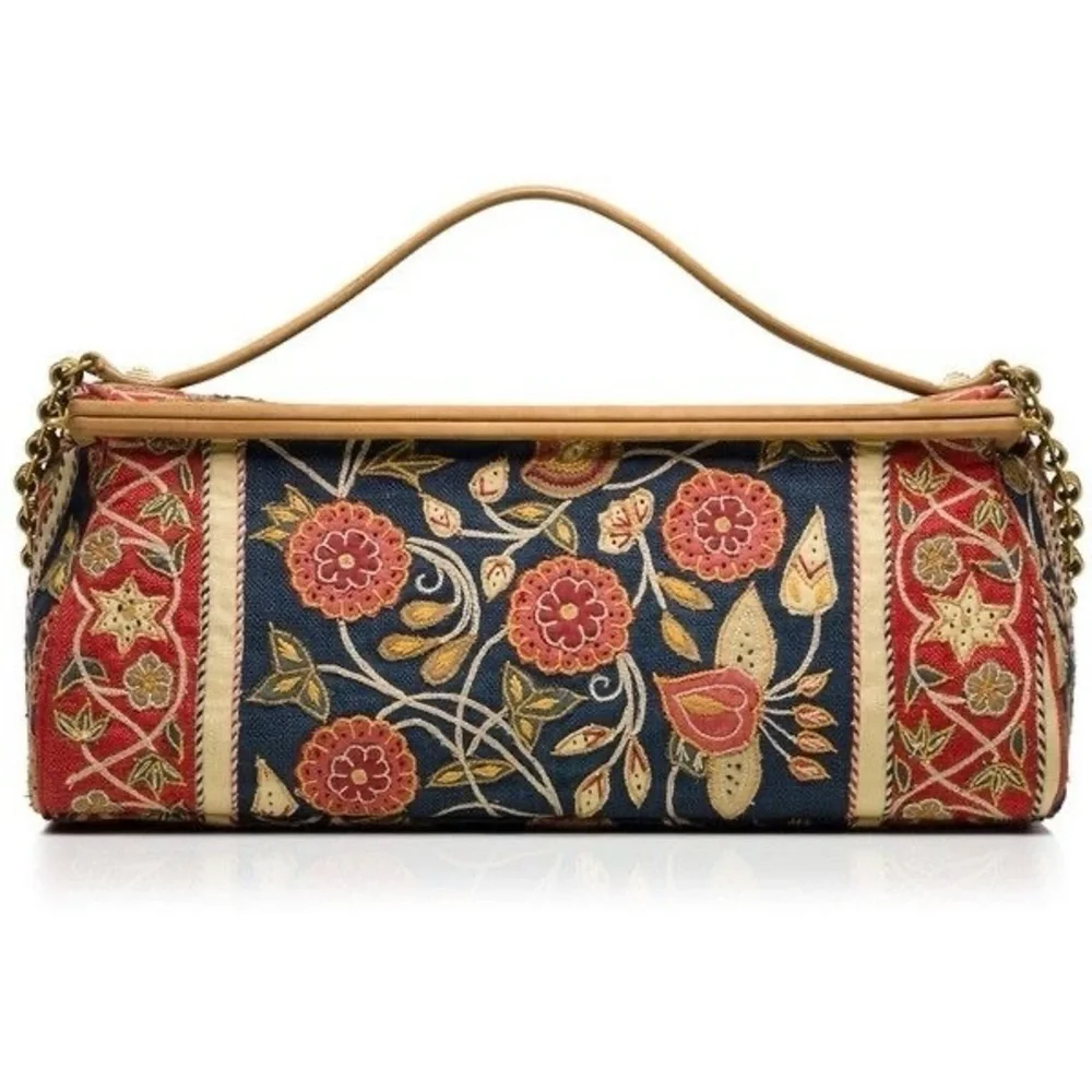 Tory Burch Tapestry Embroidered Barrel Bag‎ Floral Carpet Navy Red Gold GUC