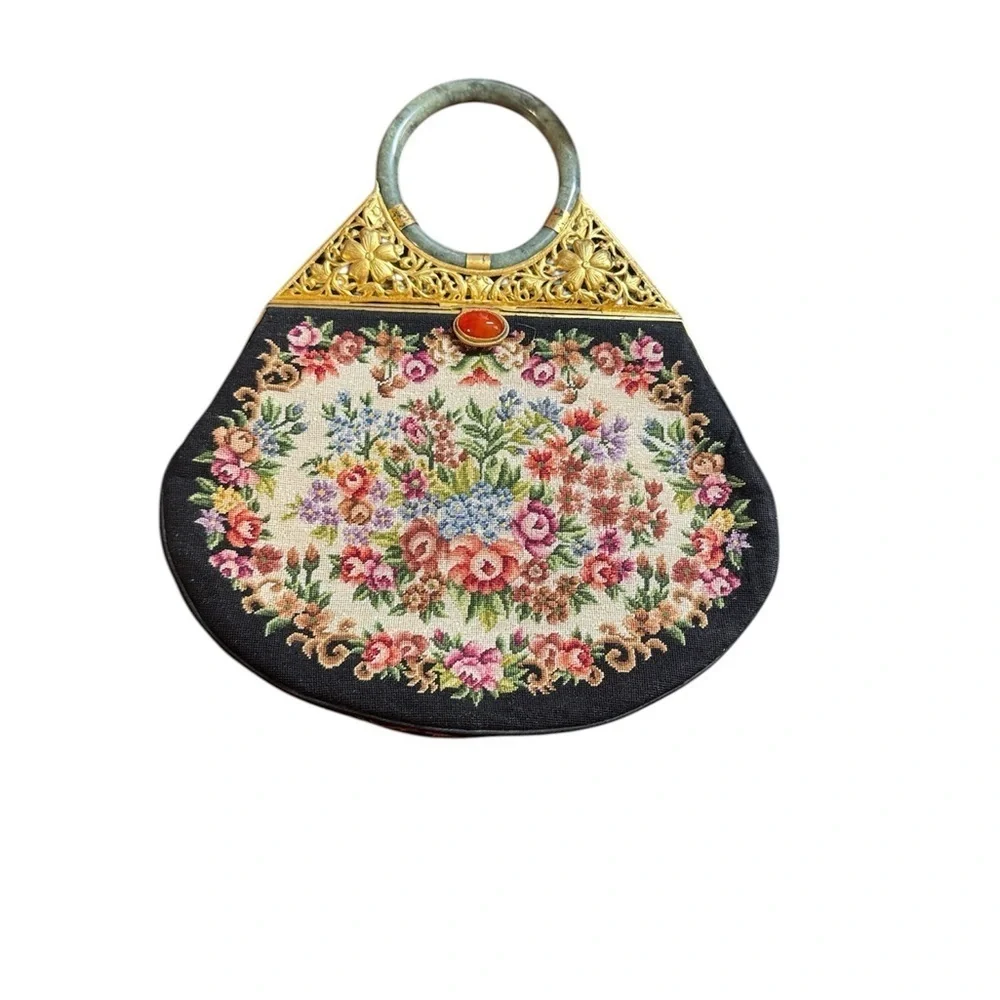 Vintage Asian petit point needlepoint evening bag Jade Wrist Bracelet Handle