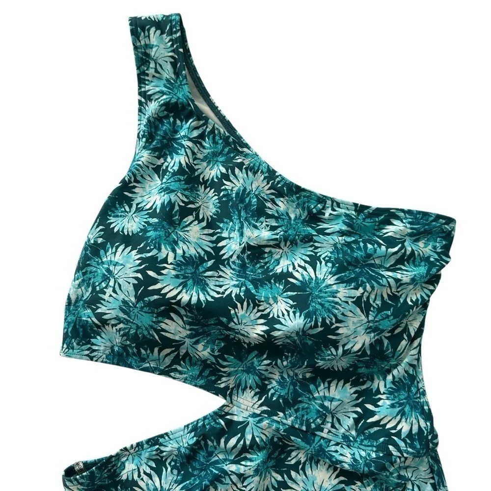 Michael Kors One-Shoulder Aqua Green Leaf Print Swimsuit, size 8