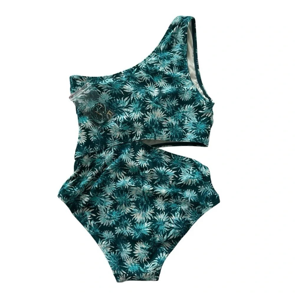 Michael Kors One-Shoulder Aqua Green Leaf Print Swimsuit, size 8