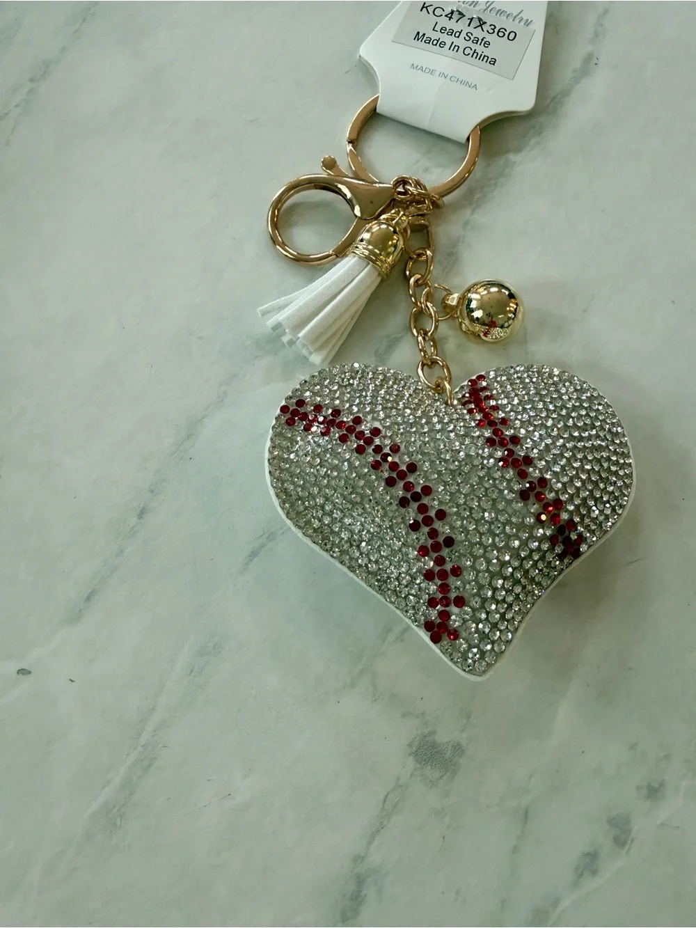 ✨ Bling Heart Baseball Puffy Keychain Bag Charm with Tassel ✨