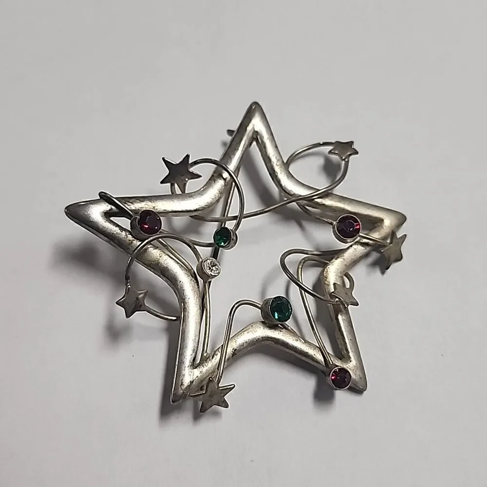 Vintage Silver Tone with Red and Green Rhinestones Star Christmas Brooch