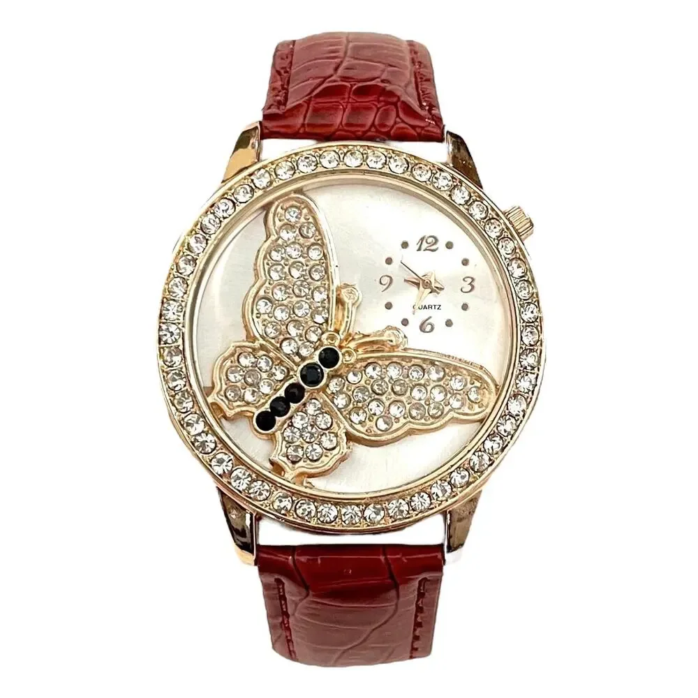Women's RHINESTONE BUTTERFLY Watch Red Faux Leather Strap - NEW BATTERY