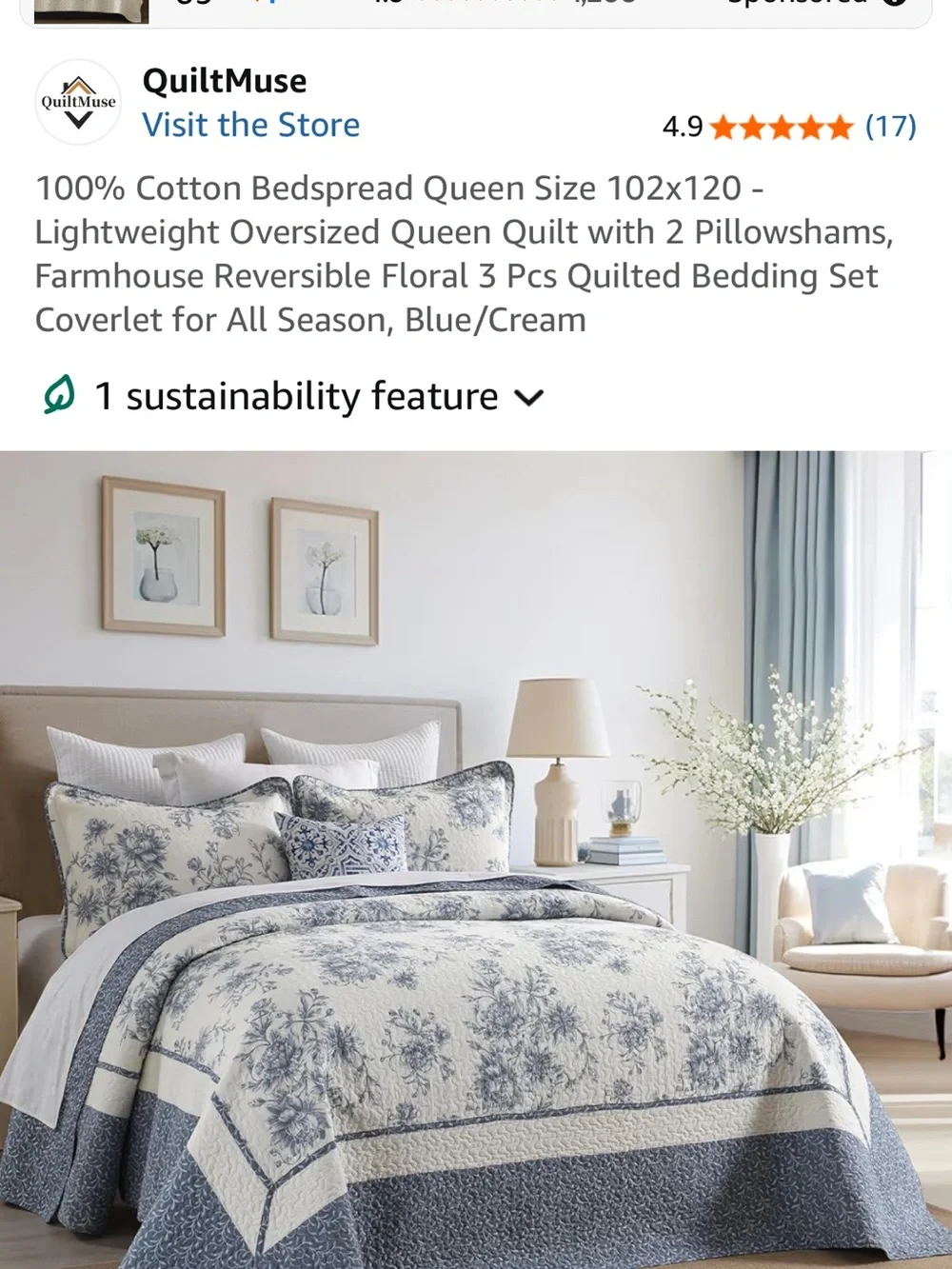 Blue and Cream Floral Quilt Set