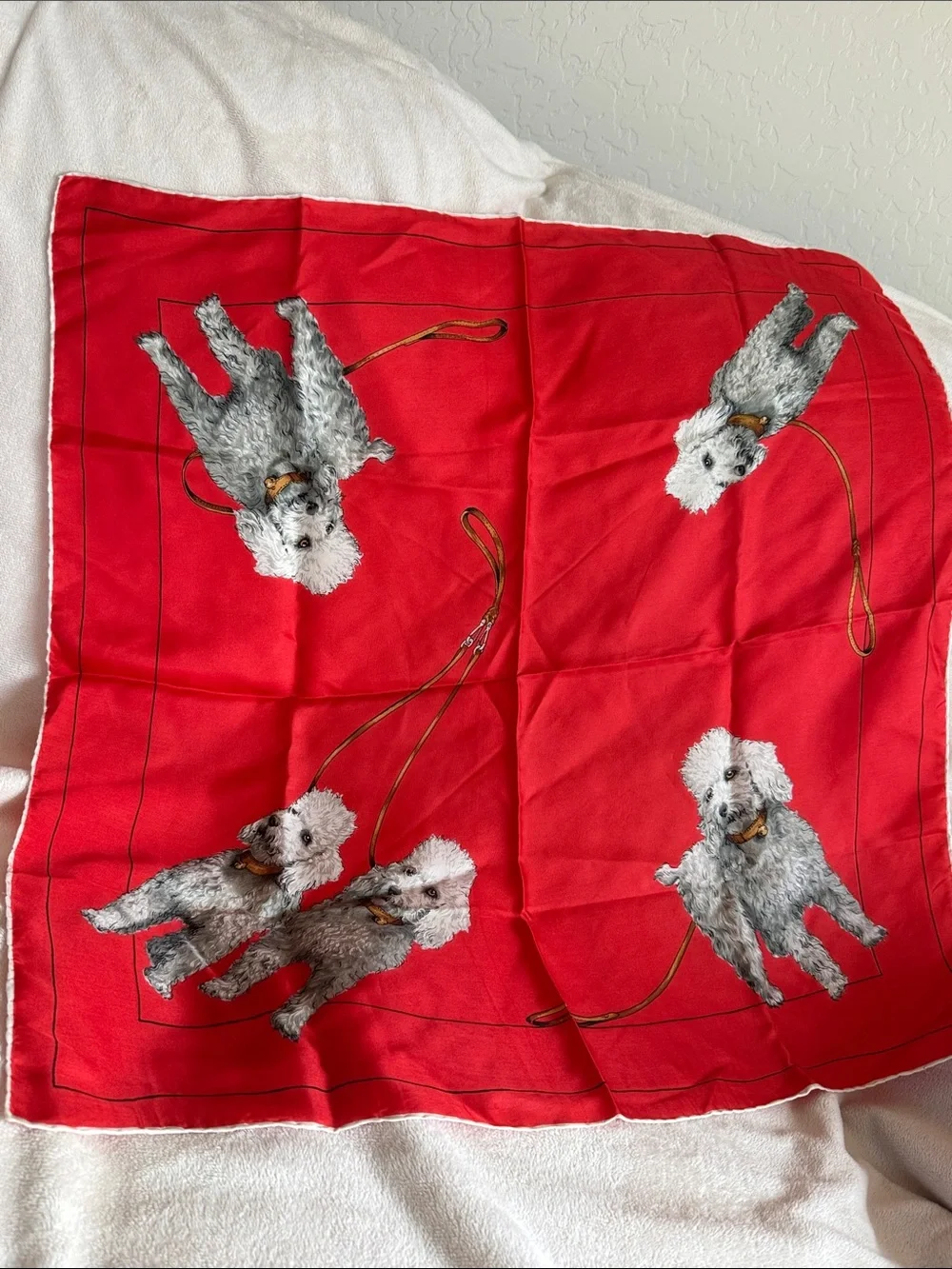 Red Bichon Dog Print Scarf Featuring Grey Poodles - Unbranded. Silk