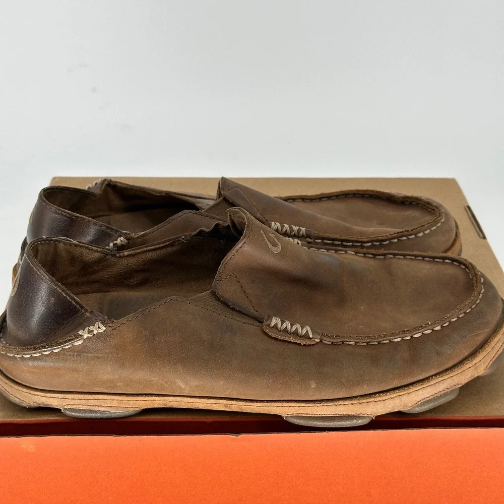 Olukai Molokai Brown Leather Slip On Casual Slipper Shoes Comfort Loafers 10