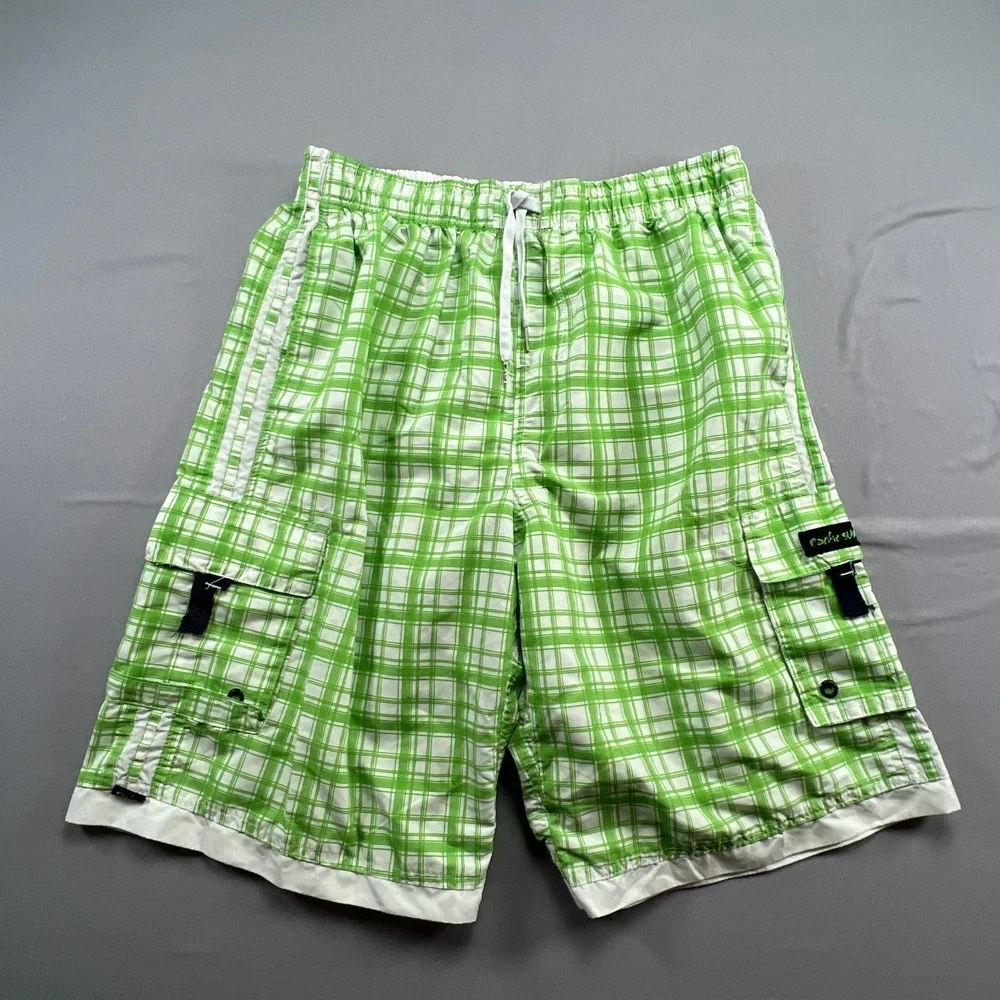 Pacific Surf By Exist Board Shorts Mens Large White Green Plaid Mesh Lined Beach