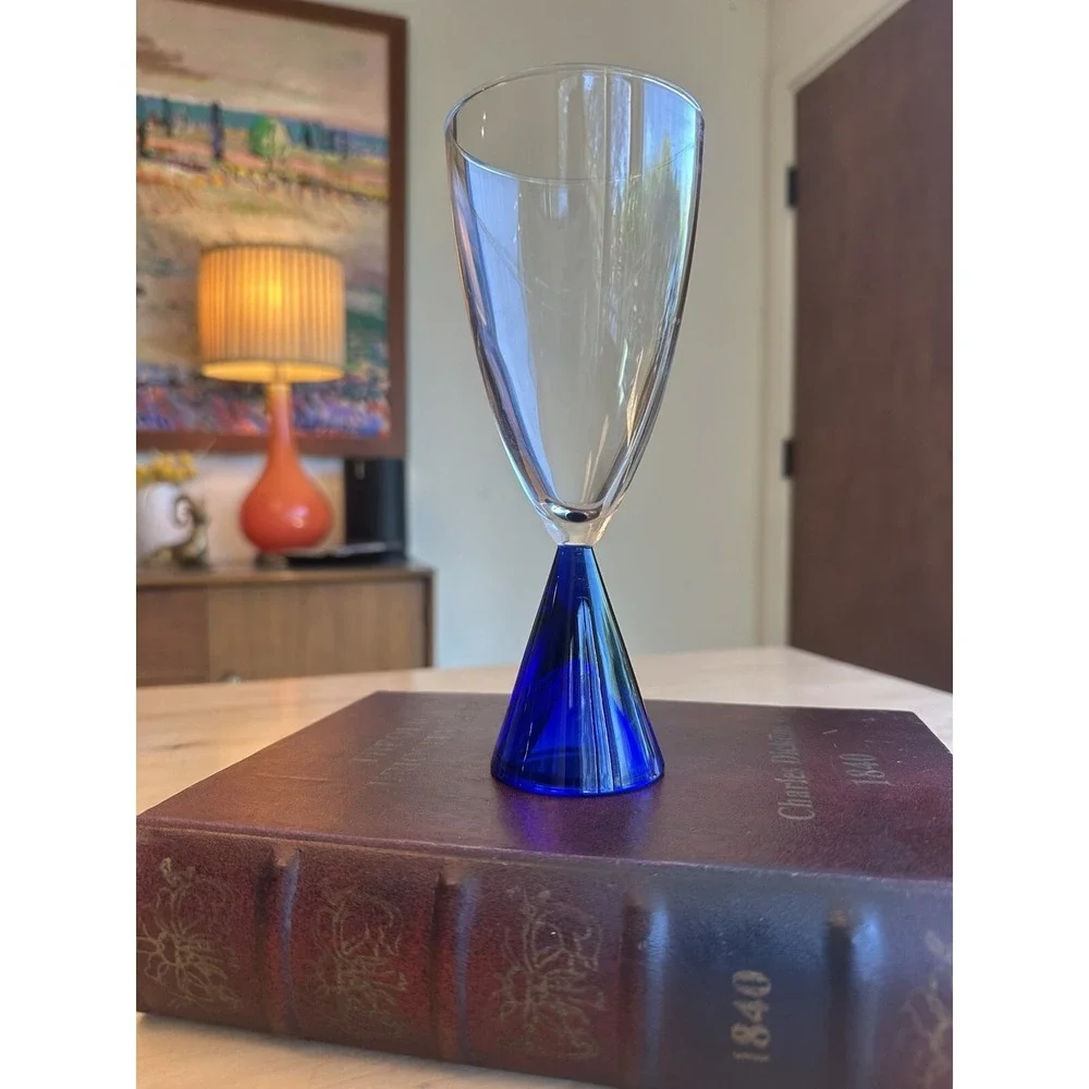 Vintage Sasaki Glass Eon Cobalt Blue Bottom Flute footed Goblets 7.5