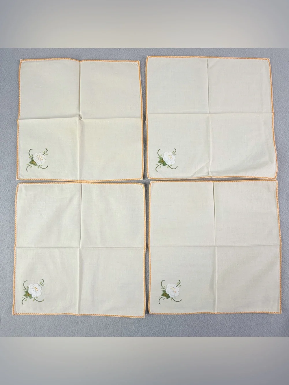Vintage Ivory Embroidered Napkin Set 4 Floral Appliqué Handmade Cottagecore