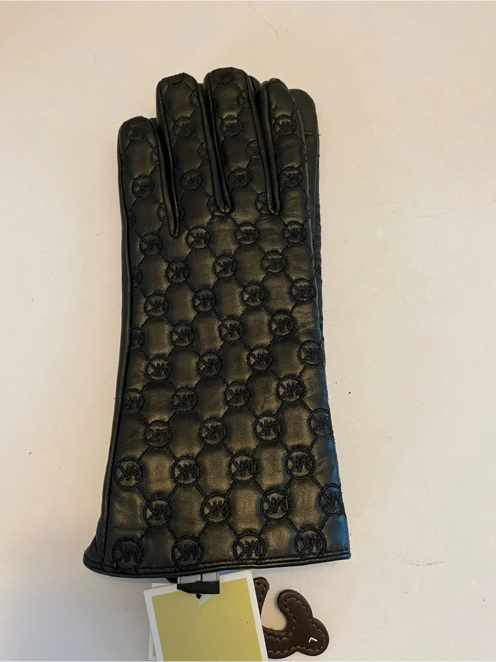 Michael Kors Black Leather Gloves 2015 Size Large Logo Design Cloth Lining.NOS
