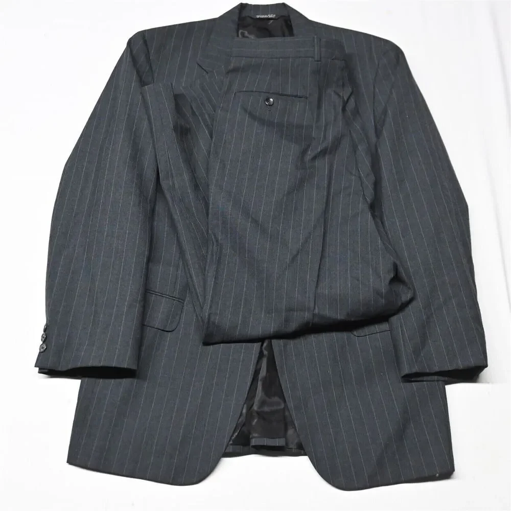 Vtg Bespoke 90s 42L 30x30‎ Gray Stripe Slim USA Made Mens Jacket Pants Suit