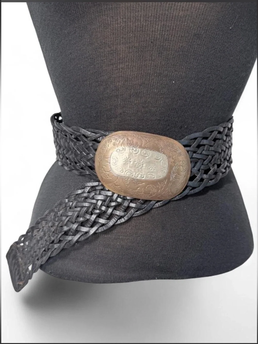 Vintage Moroccan Woven Leather Belt Brass Buckle Boho Western