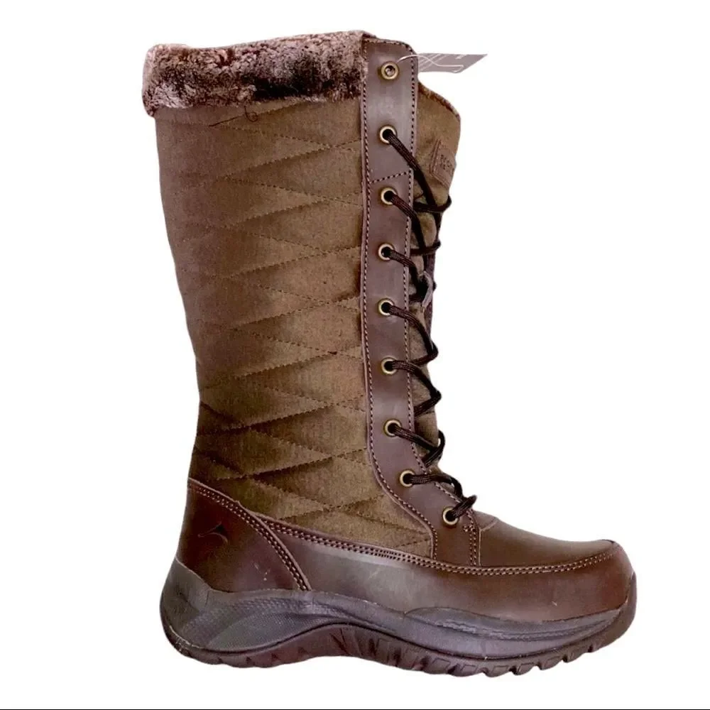 Brown Quilted Tall Lace Up Fur Trim Snow Winter Boots by Pacific Mountain NEW
