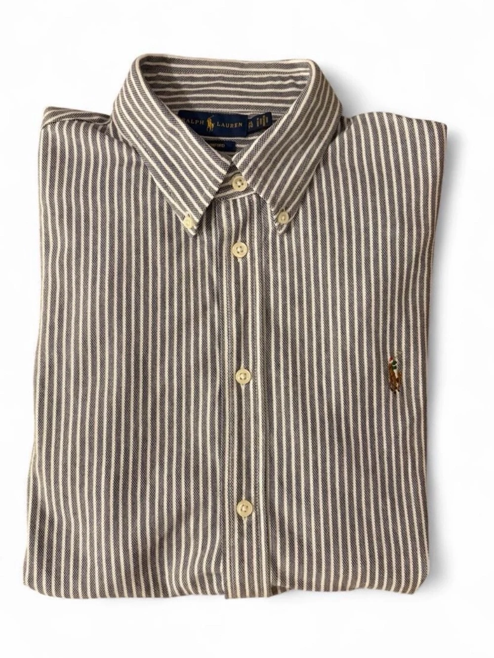 Ralph Lauren Boys XL white and dark gray striped button-up knit oxford shirt